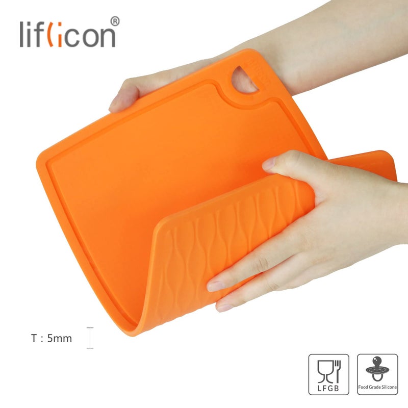 Liflicon Thick Silicone Cutting Board 12.6'' x 9.1'' Juice Grooves Easy Grip Handle Dishwasher Safe-Orange - Image 5